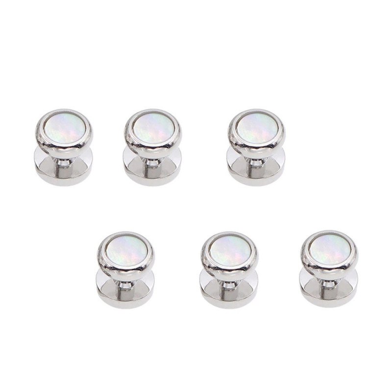 Set : 4 Boutons de chemise d'habit (frac) + boutons de manchette nacrées monture rondes argentée