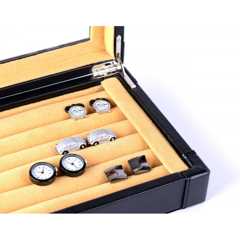 Coffret cuir noir et velours pour boutons de manchette
