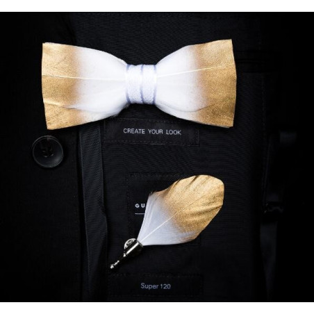 White and gold duck feather bow tie