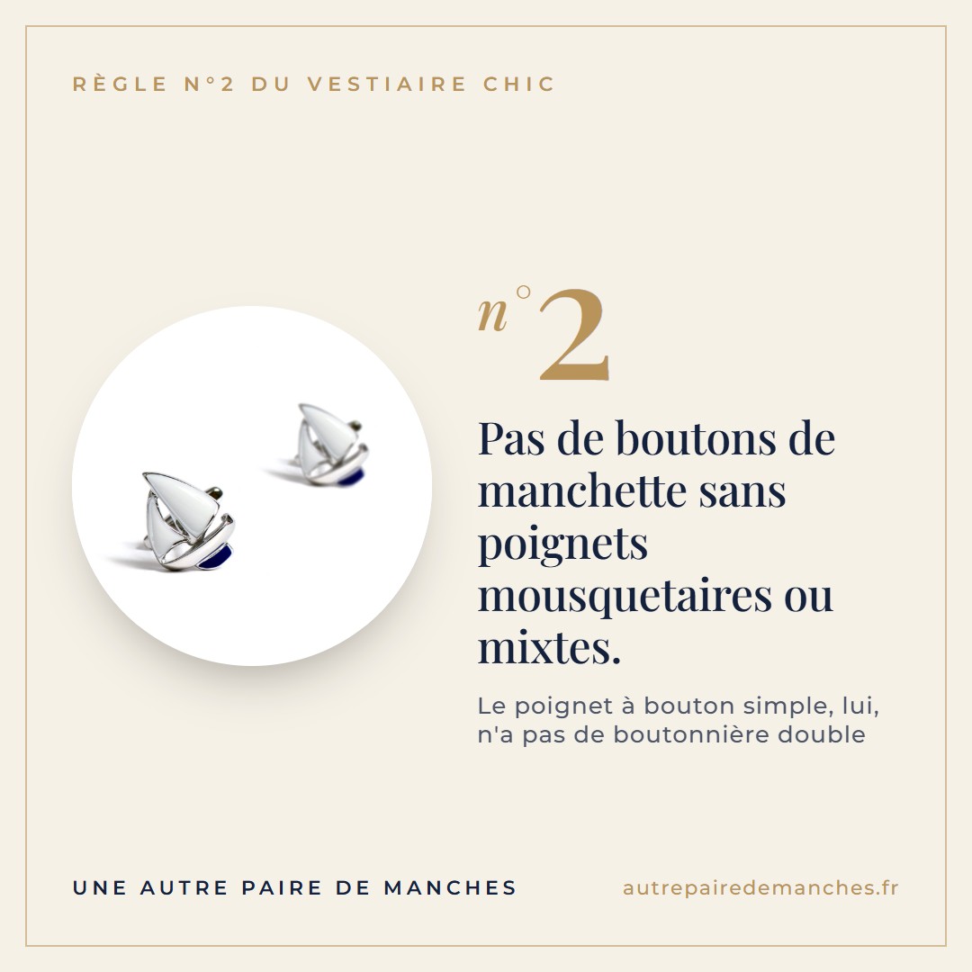 Pas de boutons de manchette sans poignets mousquetaires ou mixtes.